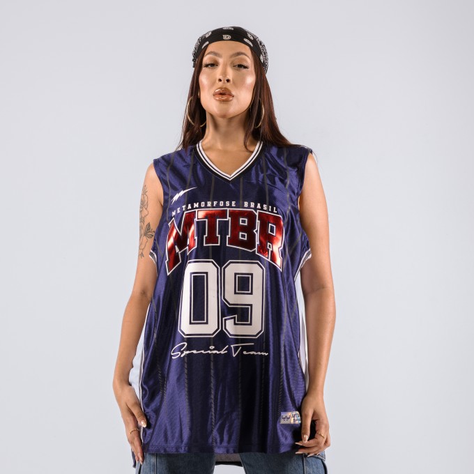 Regata Feminina Basqueteira PRO Hollywood Brilhosa Azul Marinho