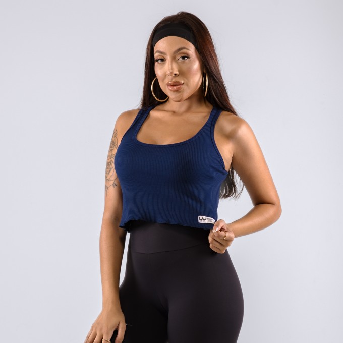 Regata Cropped Feminina Canelado Azul Marinho