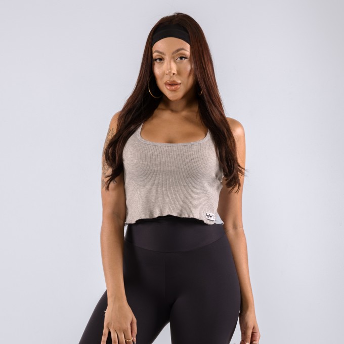 Regata Cropped Feminina Canelado Cinza Mescla