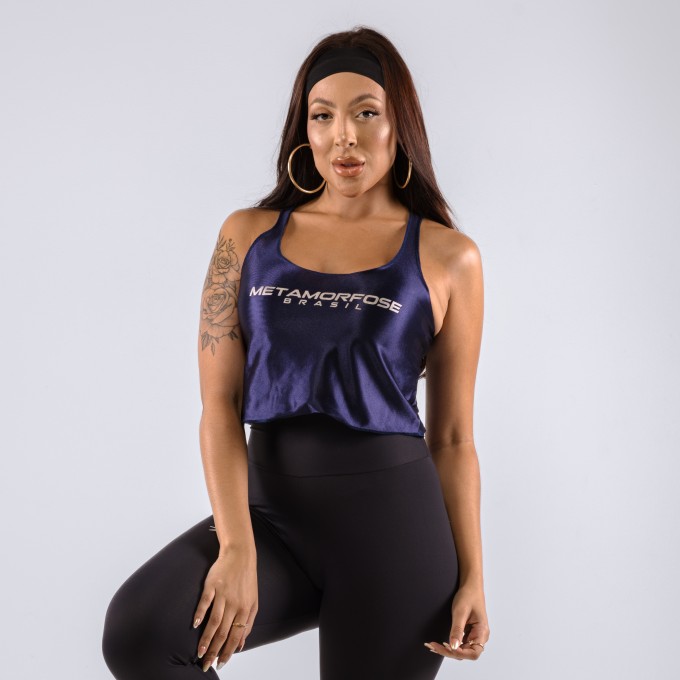 Regata Cropped Feminino Metamorfose Brilhoso Azul Marinho
