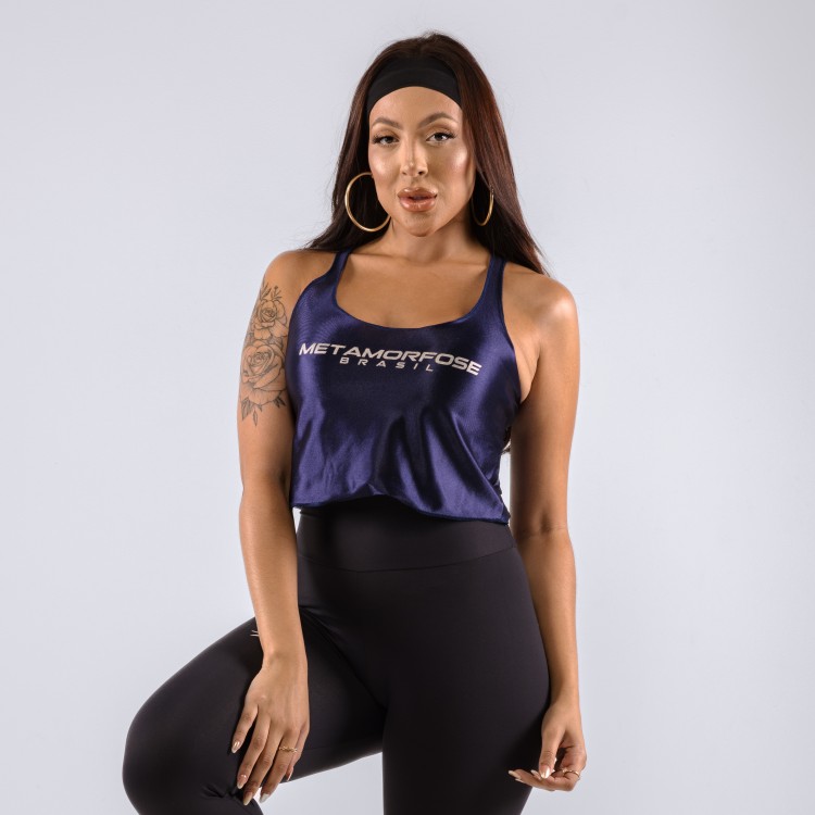 Regata Cropped Feminino Metamorfose Brilhoso Azul Marinho