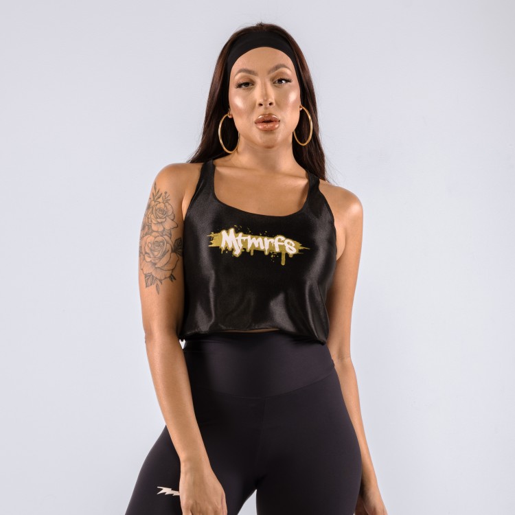 Regata Cropped Feminino Trash Brilhoso Preto
