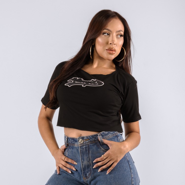 Camiseta Cropped Feminina College Preta