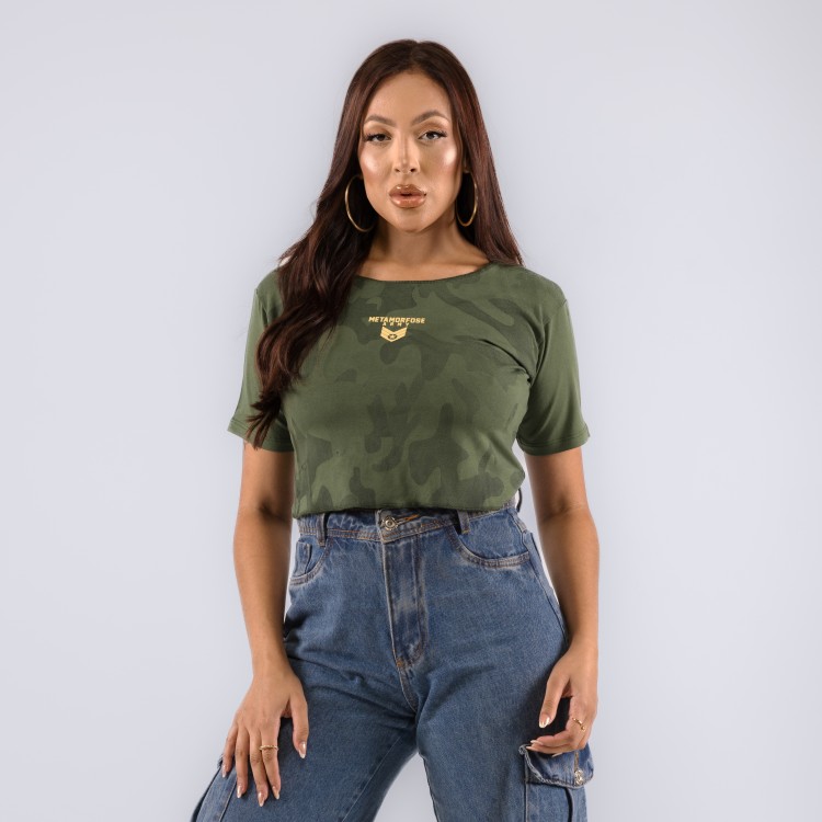 Camiseta Cropped Feminina Camuflado Verde Militar