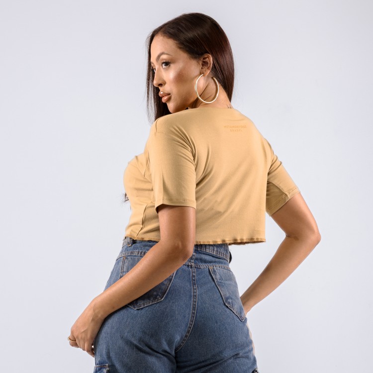 Camiseta Cropped Feminina Signature Bege