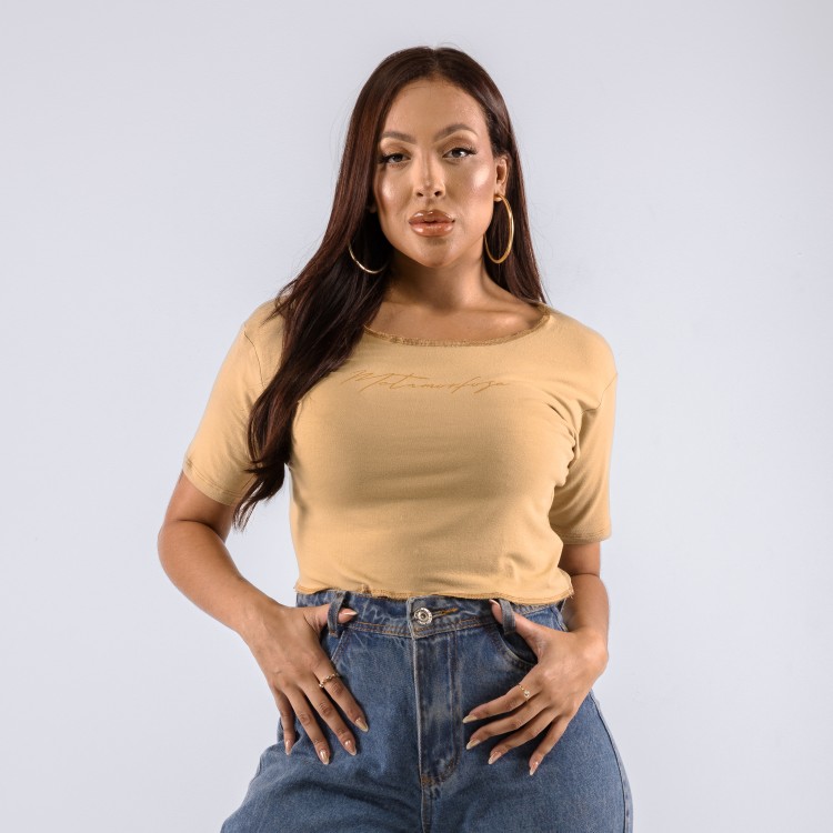Camiseta Cropped Feminina Signature Bege