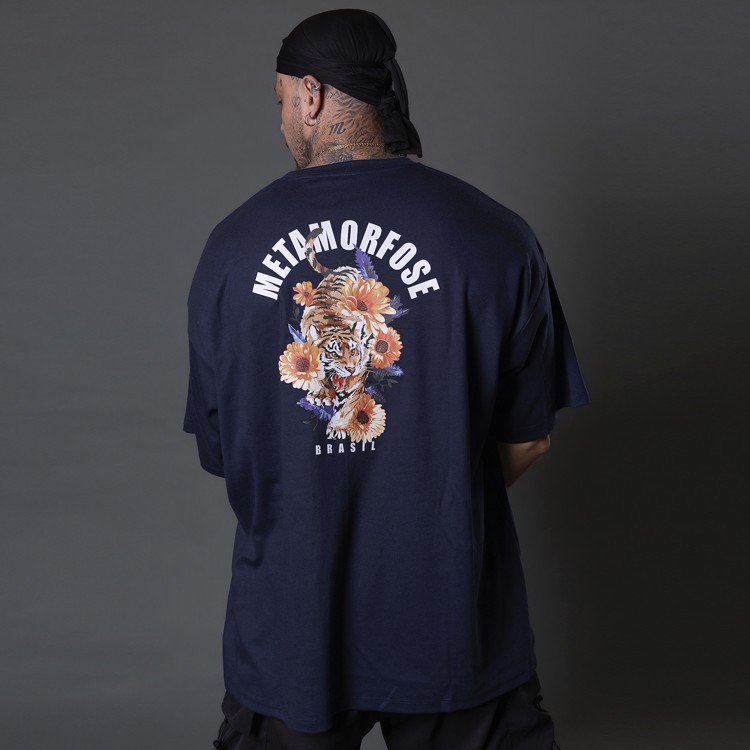 Camiseta Oversized Heavy Tiger Flower Azul Marinho