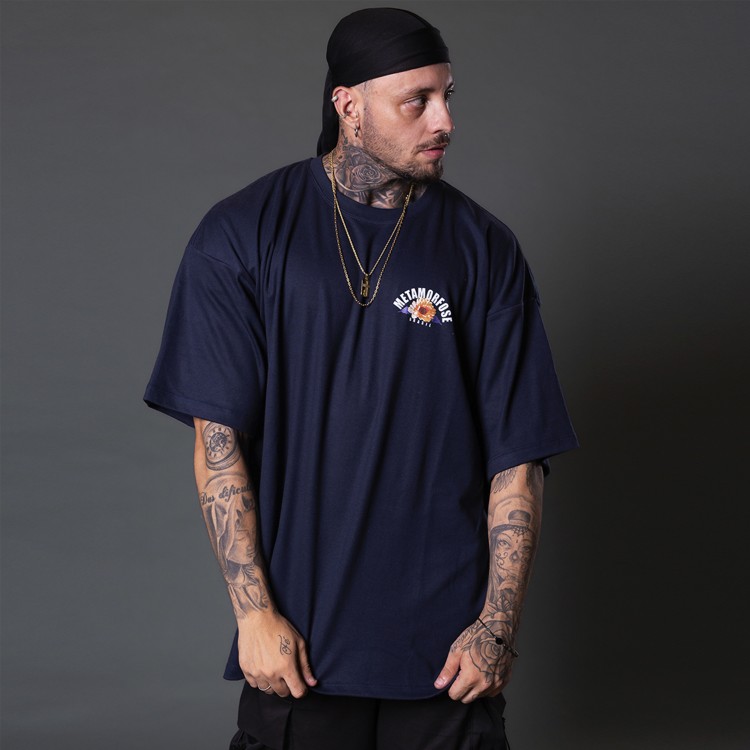 Camiseta Oversized Heavy Tiger Flower Azul Marinho