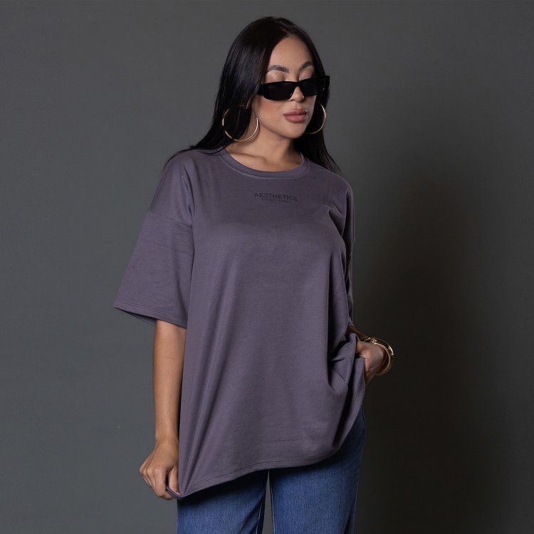 Camiseta Oversized Feminina Heavy Aesthetics Cinza Chumbo