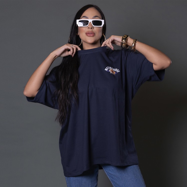 Camiseta Oversized Feminina Heavy Tiger Flower Azul Marinho