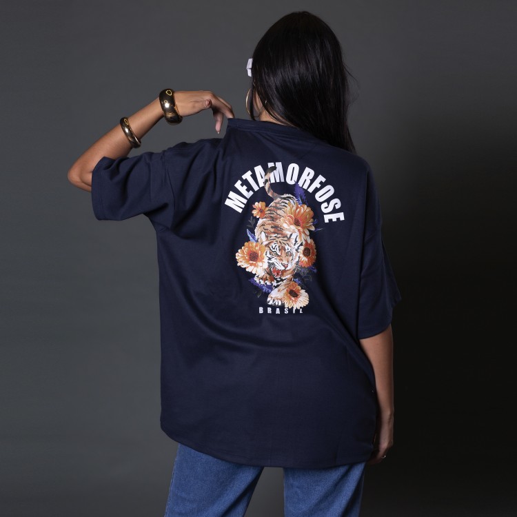 Camiseta Oversized Feminina Heavy Tiger Flower Azul Marinho