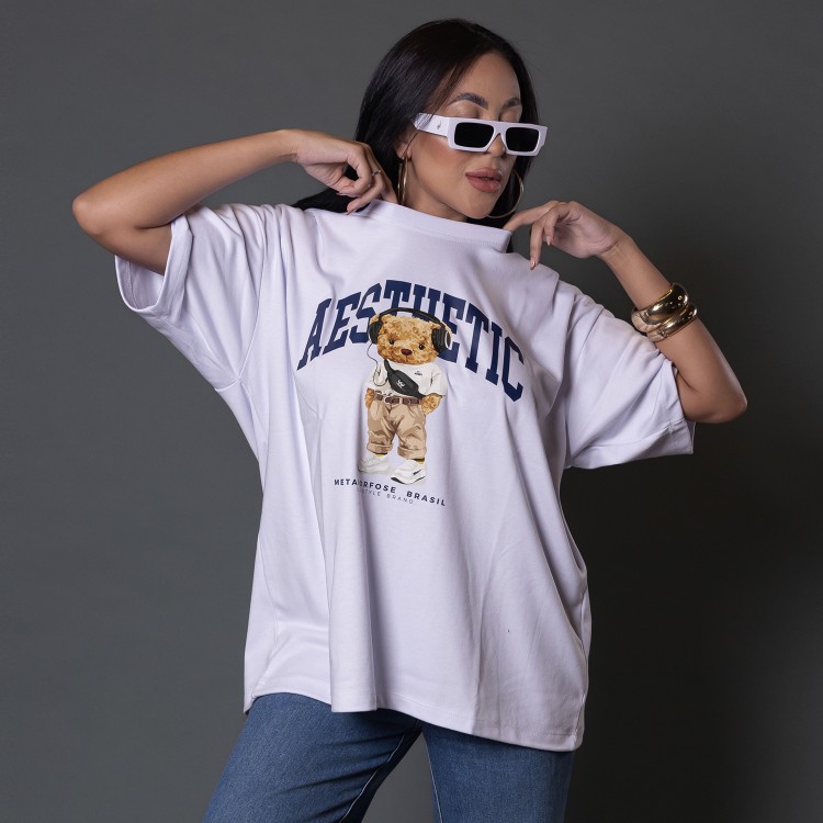 Camiseta Oversized Feminina Heavy Aesthetic Bear Branca