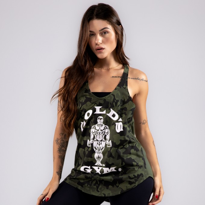 Regata Feminina Cavada Anatomic Golds Gym Camo Verde Militar