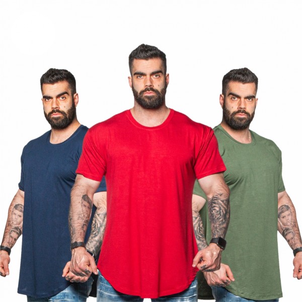 Kit 3 Camisetas Longline Basica Lisa 1 Vermelha 1 Verde 1 Azul Marinho
