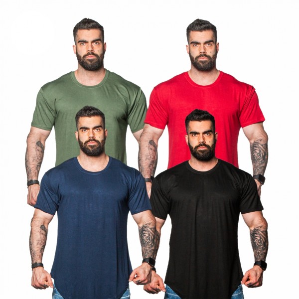 Kit 4 Camisetas Longline Basica Lisa 1 Preta 1 Vermelha 1 Verde 1 Azul Marinho