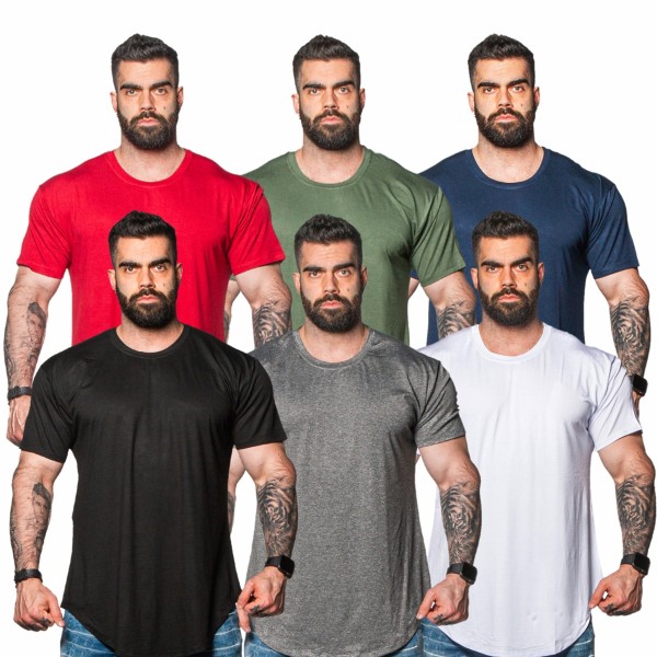 Kit 6 Camisetas Longline Basica Lisa 1 Preta 1 Branca 1 Grafite 1 Verde 1 Vermelha 1 Azul marinho